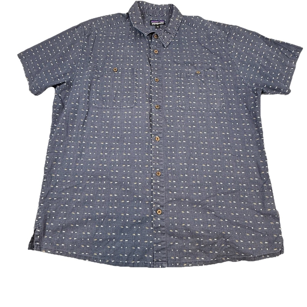 Patagonia Back Step Short Sleeve Button Up Shirt Wolf Fox AOP Blue Mens XXL Hemp